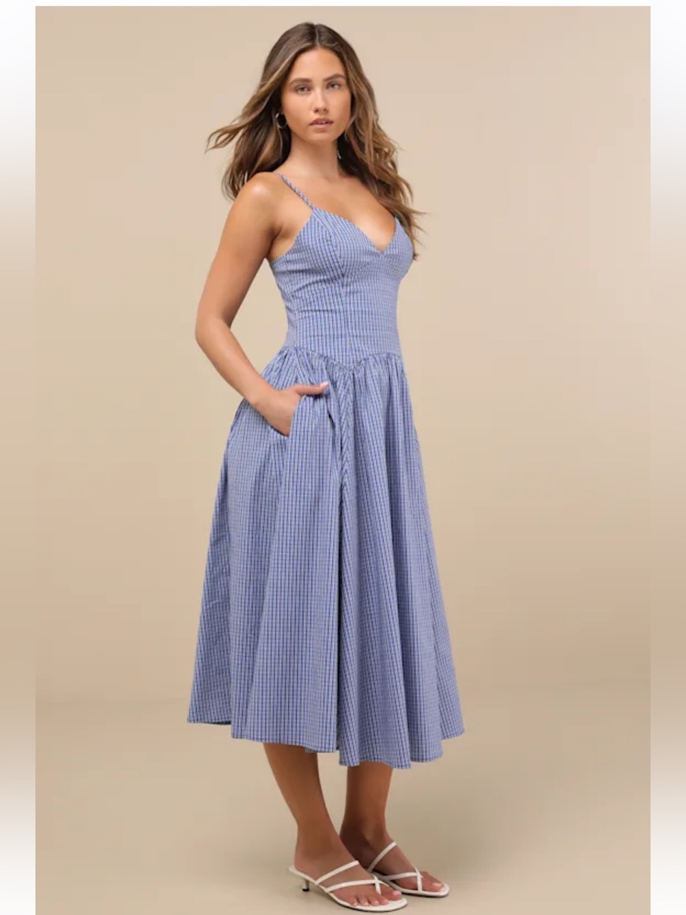 Lulus Carlota Blue Gingham Sleeveless Midi Dress Cottagecore Size Small - Picture 3 of 8
